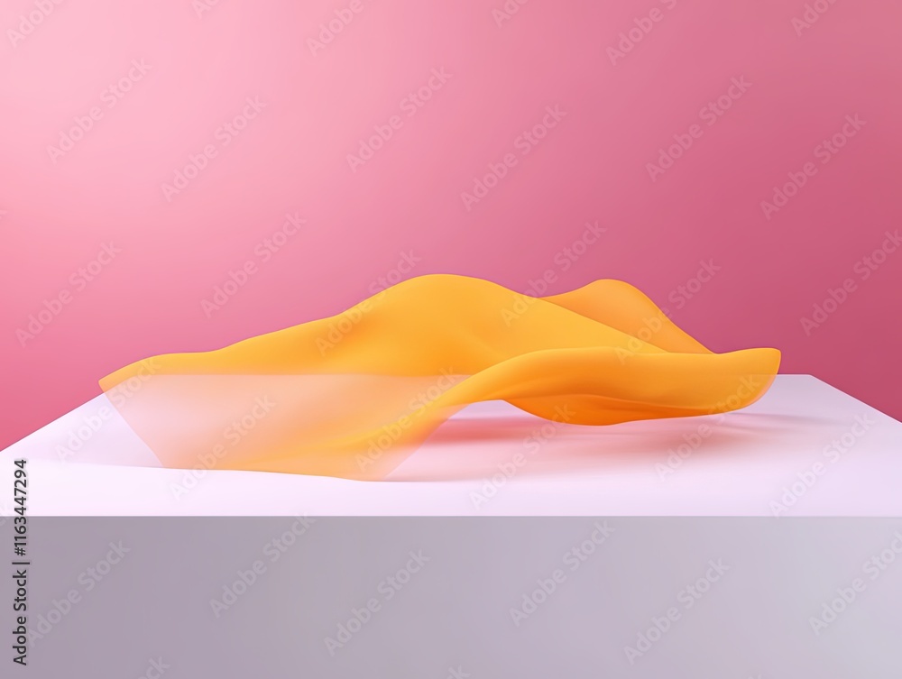 Poster flowing abstract fabric sculpture on minimalist white surface with soft pink background for modern d