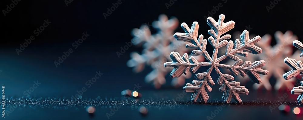 Poster snowflake abstract background concept. close-up of delicate snowflakes on a dark blue background, sh