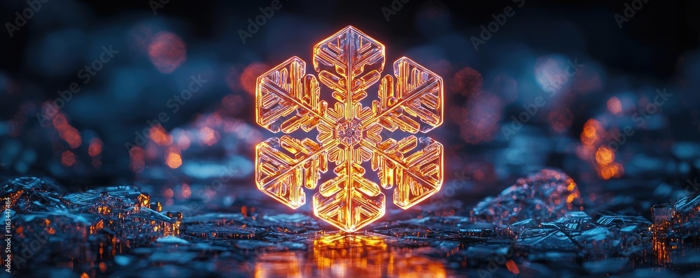 Poster snowflake abstract background concept. a stunning ice snowflake illuminated by soft blue light again