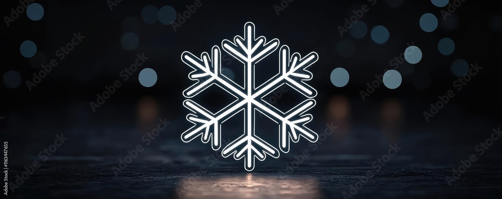 Poster snowflake abstract background concept. stylized snowflake graphic with glowing outline on a dark bac