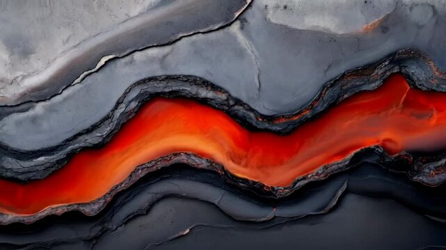Orange stream in grey landscape texture. Abstract background. Top view. For design and presentation.