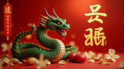 Fototapeta premium Green dragon figurine on red background symbolizing Chinese New Year 2025 Year of the Snake with festive decorations and golden character