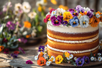 Delicious layered cake topped with colorful flowers and set on a rustic table surrounded by blooms in bright daylight