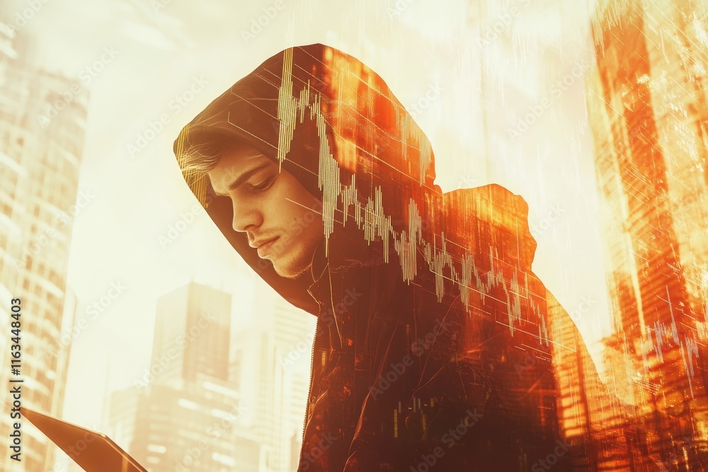 Poster double exposure of a hooded hacker with laptop against cityscape and financial graphs in soft tones