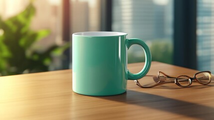 Green Mug Mockup with Glasses on Wooden Desk. Generative AI