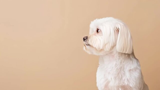 White Maltese dog on beige background. Studio shot. Pet concept for vet clinic or pet shop, with copy space. For website or social media.