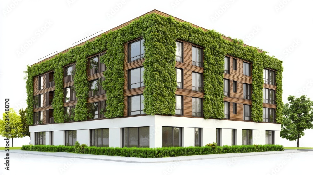 Poster modern building with dynamic angles and greenery