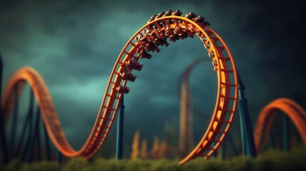 Obraz premium Orange roller coaster looping in stormy weather.