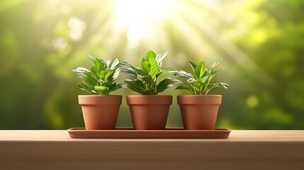 Obraz premium Terracotta Pots with Green Plants in Sunlit Space. Generative AI