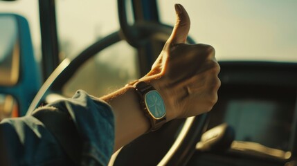 Close-up of a driver's hand giving a thumbs up inside a vehicle.