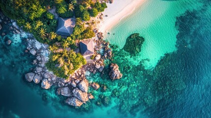 Aerial View of Tropical Island Paradise: Secluded Beach, Crystal Clear Waters, Lush Vegetation