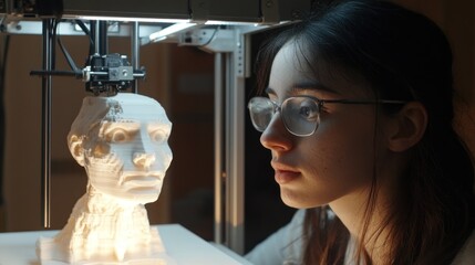 Young woman intently observing a 3D printed bust under a machine's light.