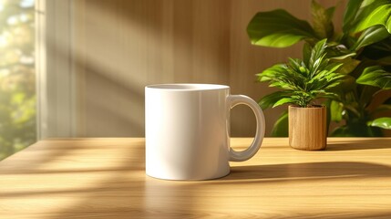White Mug Mockup in Relaxing Natural Space. Generative AI