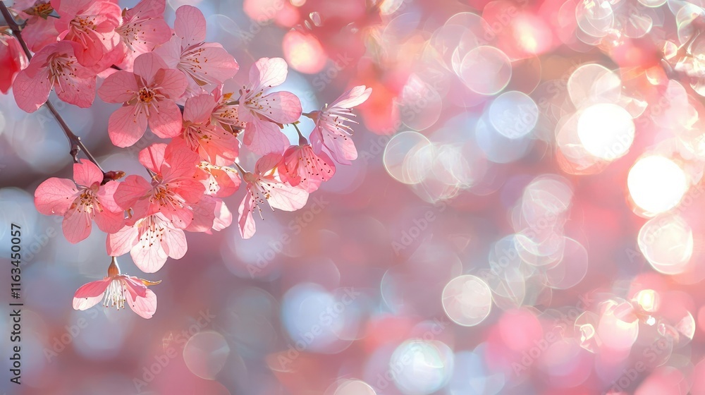 Poster splatter abstract background idea. delicate pink blossoms with a dreamy bokeh background creating a 