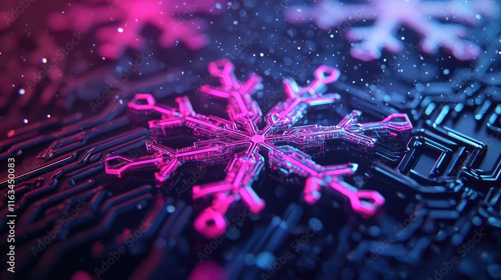 Poster snowflake abstract background concept. a vibrant snowflake design overlays a circuit board, blending