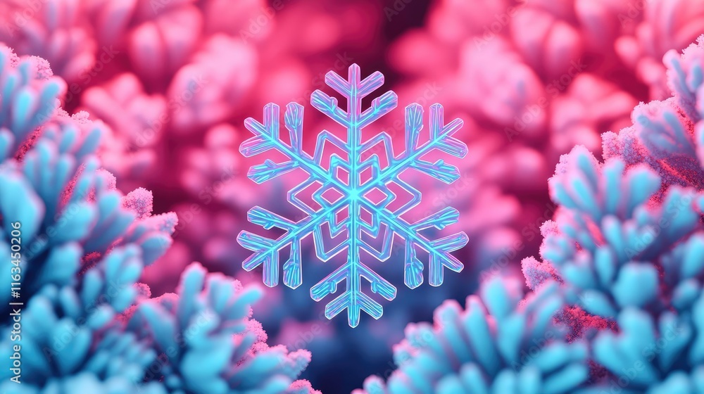Poster snowflake abstract background concept. vibrant snowflake design amidst colorful coral-like structure