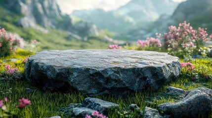 Obraz premium Serene Mountaintop Rock Platform with Blooming Wildflowers
