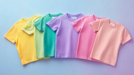 Five Pastel Colored Childrens T Shirts Arranged In A Row