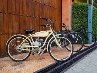 A customized bike has been equipped with an engine, thus making it a motorized vehicle