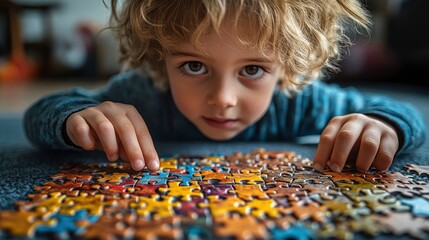 Child solving puzzle, pieces scattered, deep concentration