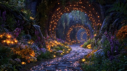 Mystical flora idea. A magical pathway adorned with glowing lights and vibrant flowers.
