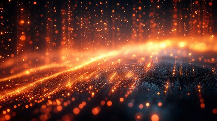Fototapeta premium Abstract Glowing Particle Wave Background Golden and Orange Energy Flow