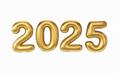 abstract 3d 2025 text made with different golden colour hellium balloons isolated on white background