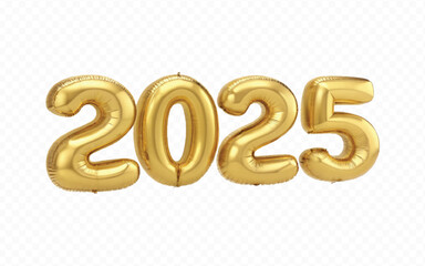 abstract 3d 2025 text made with different golden colour hellium balloons isolated on white background