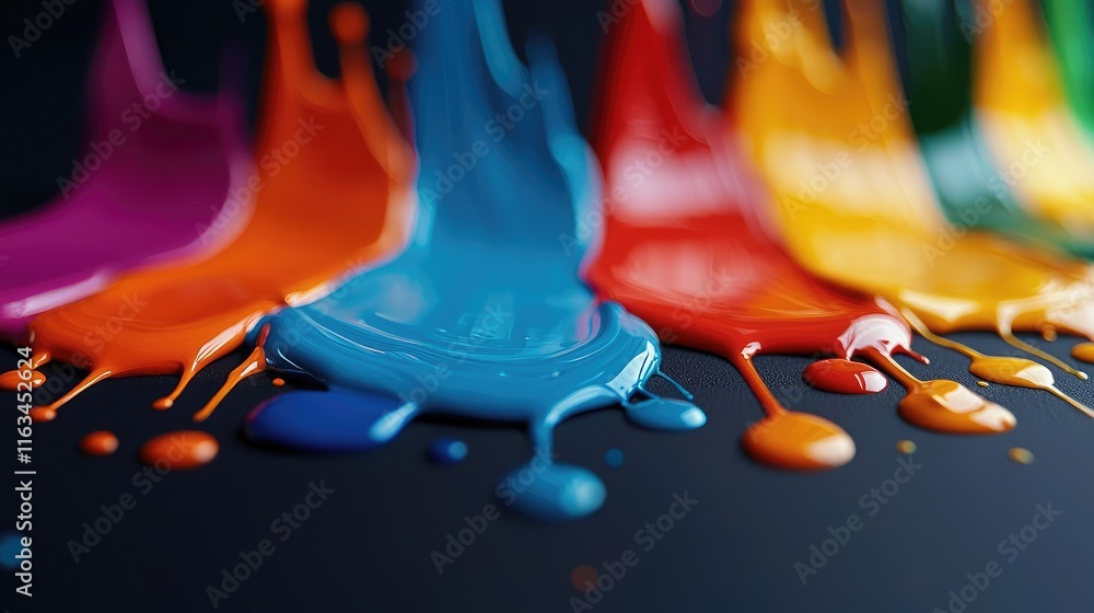Poster splatter abstract background idea. vibrant paint colors splashing and blending together on a dark su