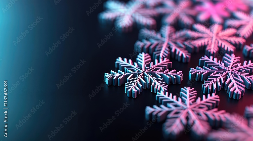 Poster snowflake abstract background concept. close-up of colorful snowflakes glistening on a dark backgrou
