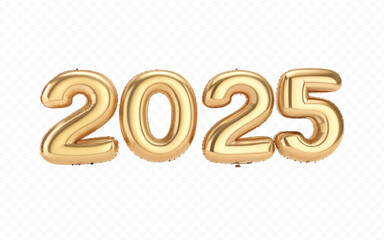 abstract 3d 2025 text made with different golden colour hellium balloons isolated on white background