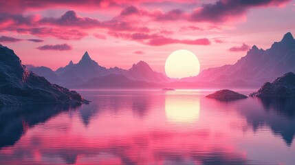 Serene Pink Sunset over Mountain Lake