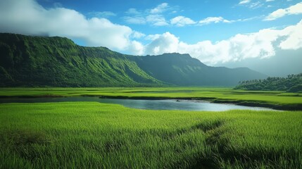 Obraz premium Spectacular Green Grasslands and the Majestic Shadow of Volcanoes.