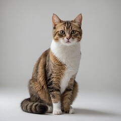 "A curious Munchkin cat with short legs, sitting on a white backdrop."