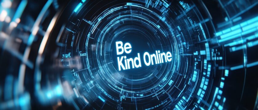 A digital graphic emphasizing the message "Be Kind Online" with futuristic elements and glowing effects.