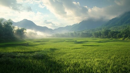 Obraz premium Nature's Symphony Green Fields, Volcanoes, and Cloudy Skies.