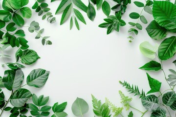 Fototapeta premium Green floral frame on white background with copy space.