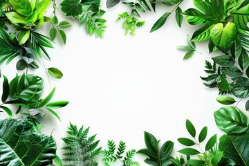 Green floral frame on white background with copy space.
