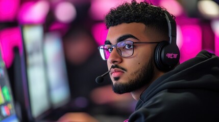 Focused Gamer: Esports Athlete Concentrating on a Competitive Match