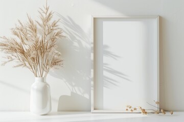 Modern ceramic vase with dry flowers on white table.