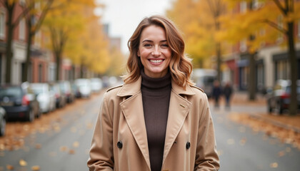 Smiling woman enjoying autumn day in a city street
