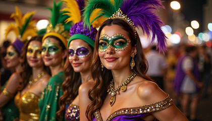 Obraz premium Carnival performers celebrating with vibrant masks at night