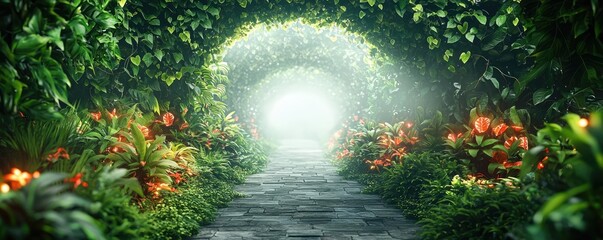 Mystical flora idea. A serene pathway surrounded by lush greenery and vibrant flowers leading to bright light.