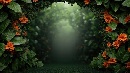 Mystical flora idea. A serene pathway framed by lush foliage and vibrant orange flowers, inviting exploration.