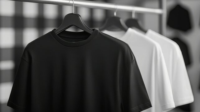 Black and white t shirts hanging on a rack