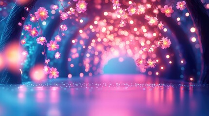 Mystical flora idea. A vibrant tunnel of blooming flowers illuminated with colorful lights.