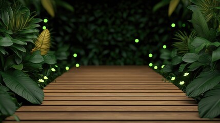 Mystical vegetation idea. A serene wooden path surrounded by vibrant green foliage and soft glowing lights.