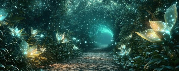 Obraz premium Mystical vegetation idea. A mystical forest pathway adorned with glowing flowers and ethereal light.