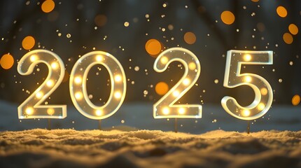 A 2025 New Year celebration background in natural earth tones and glowing bioluminescent colors, featuring illuminated numbers, falling snow, natural light effects, a vibrant glow, browns, and beiges 