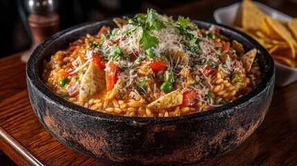 Delicious Spicy Chicken Risotto with Tortilla Chips